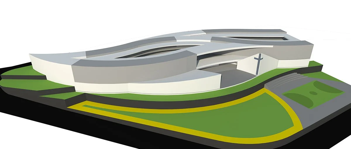 A digital architectural model of a modern white church with curved design, large cross on the front, surrounded by green lawn and paved walkways.