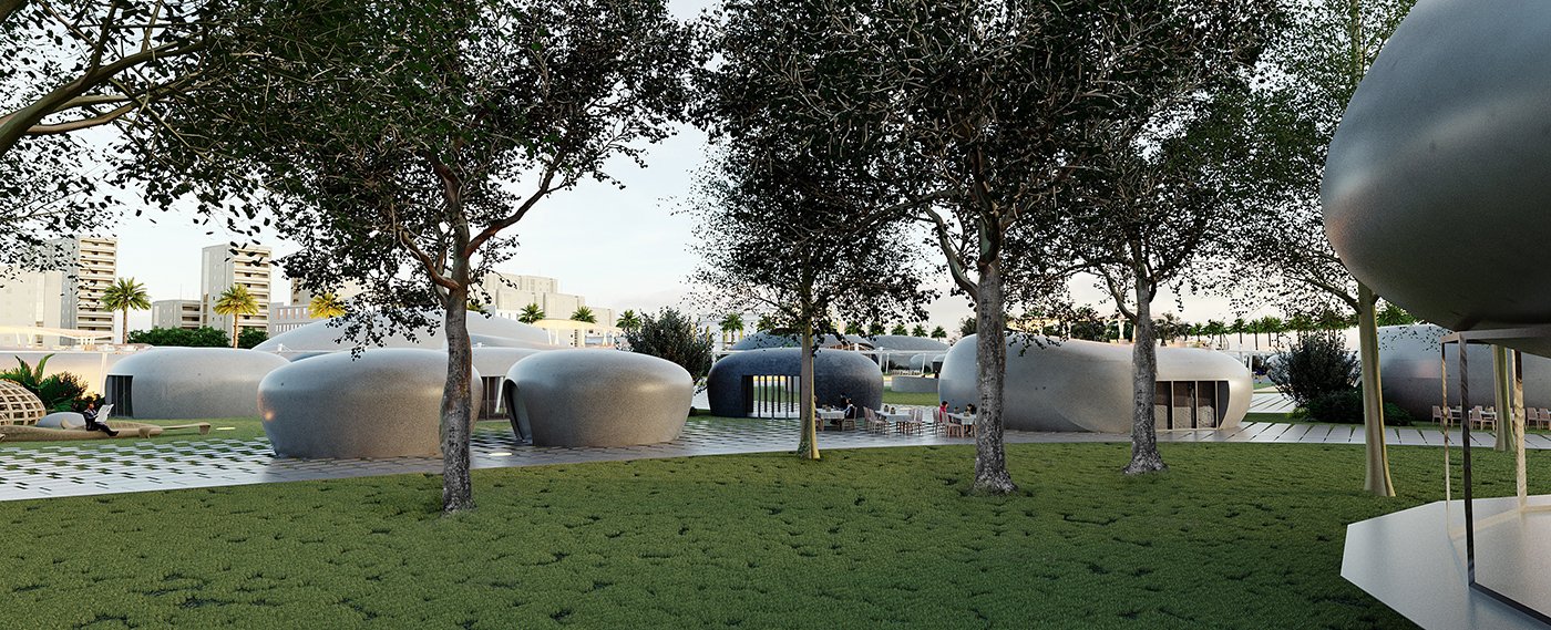 Futuristic park with rounded, pod-shaped structures, trees, and grassy areas. Modern buildings and palm trees are visible in the background.