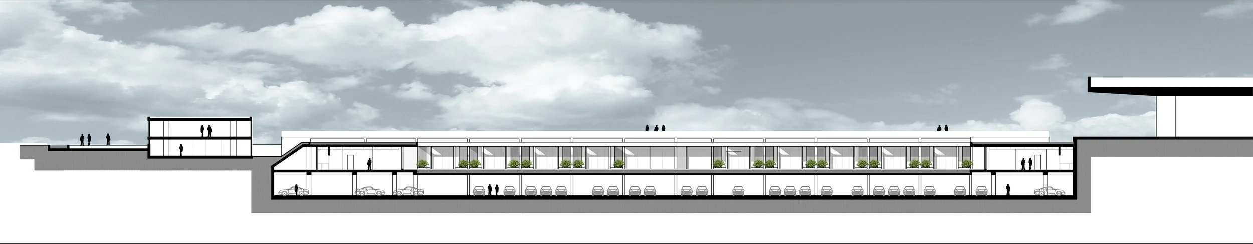 Cross-sectional architectural drawing of a multi-level building with parking garage below, landscaped terrace, and upper floors with windows and outdoor seating areas.