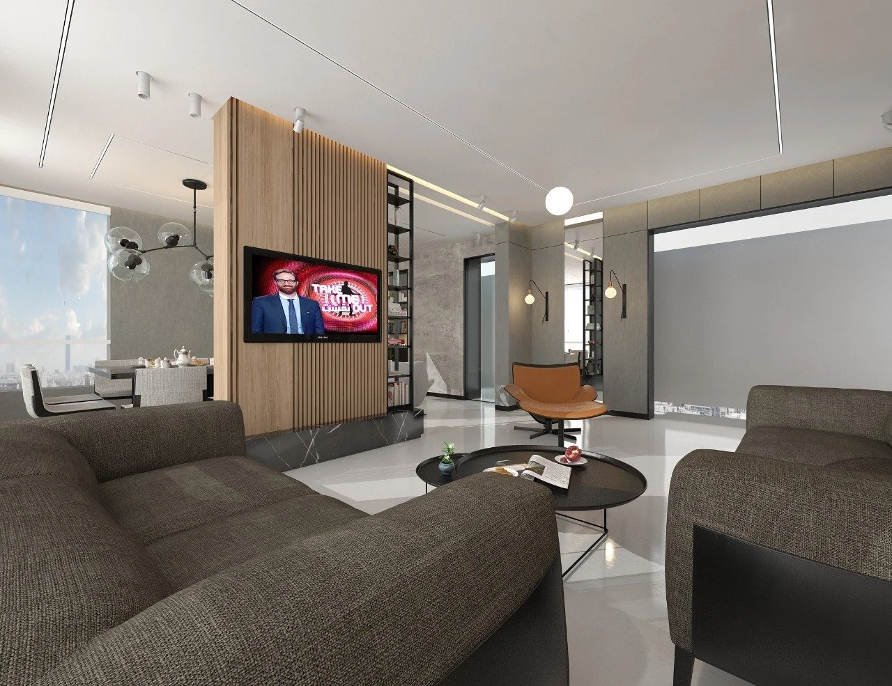 Modern living room with gray sofas, a black coffee table, a TV on a wooden wall, a beige chair, and a dining area with large windows showing city views.