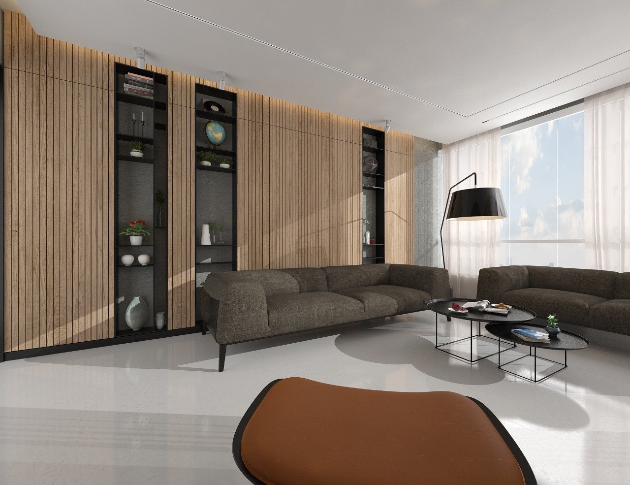 Modern living room with wooden wall panels, a sectional gray sofa, black coffee tables, a large window with sheer curtains, and a black floor lamp.