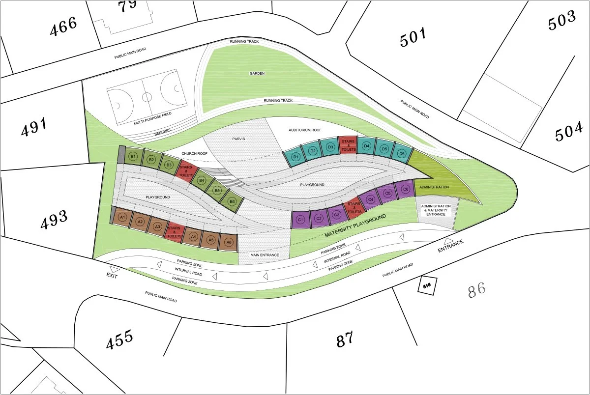 Site plan of a community facility with areas labeled for playgrounds, parking zones, administration, maternity playground, and multiple buildings and zones for events and activities.