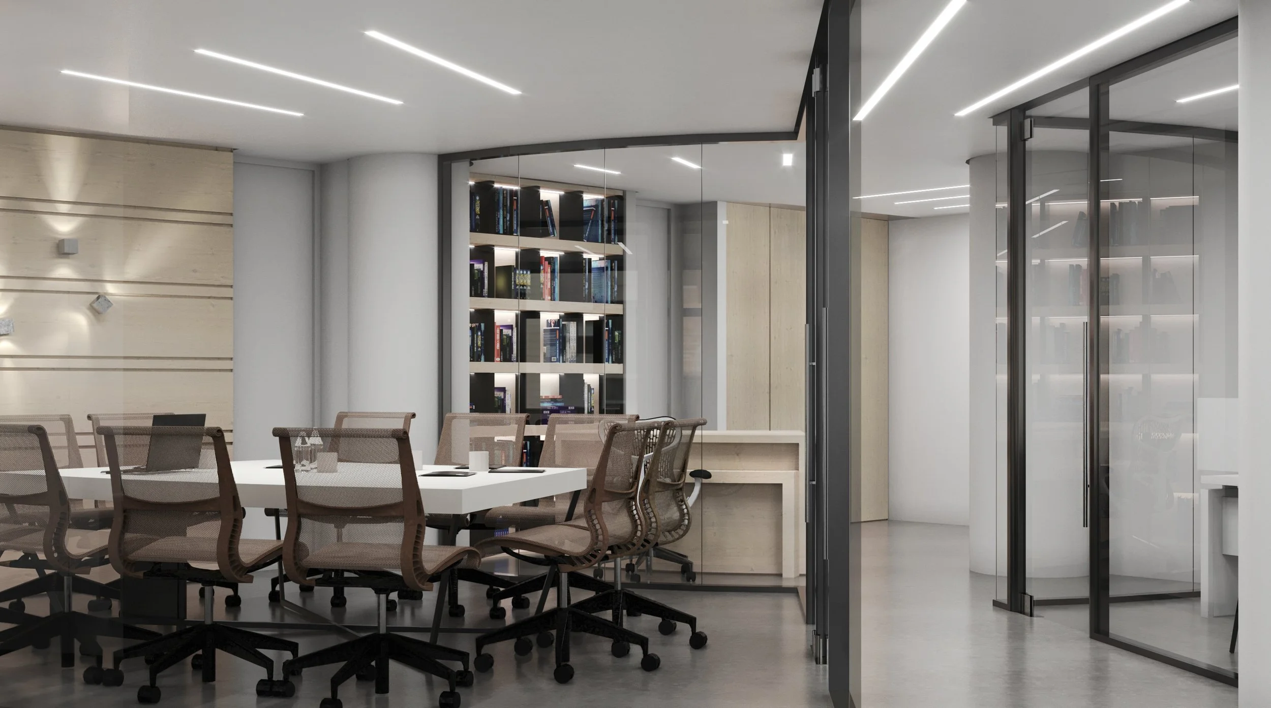 Modern conference room with a large white table surrounded by brown mesh office chairs, bookshelves with books, and glass walls with sliding doors.