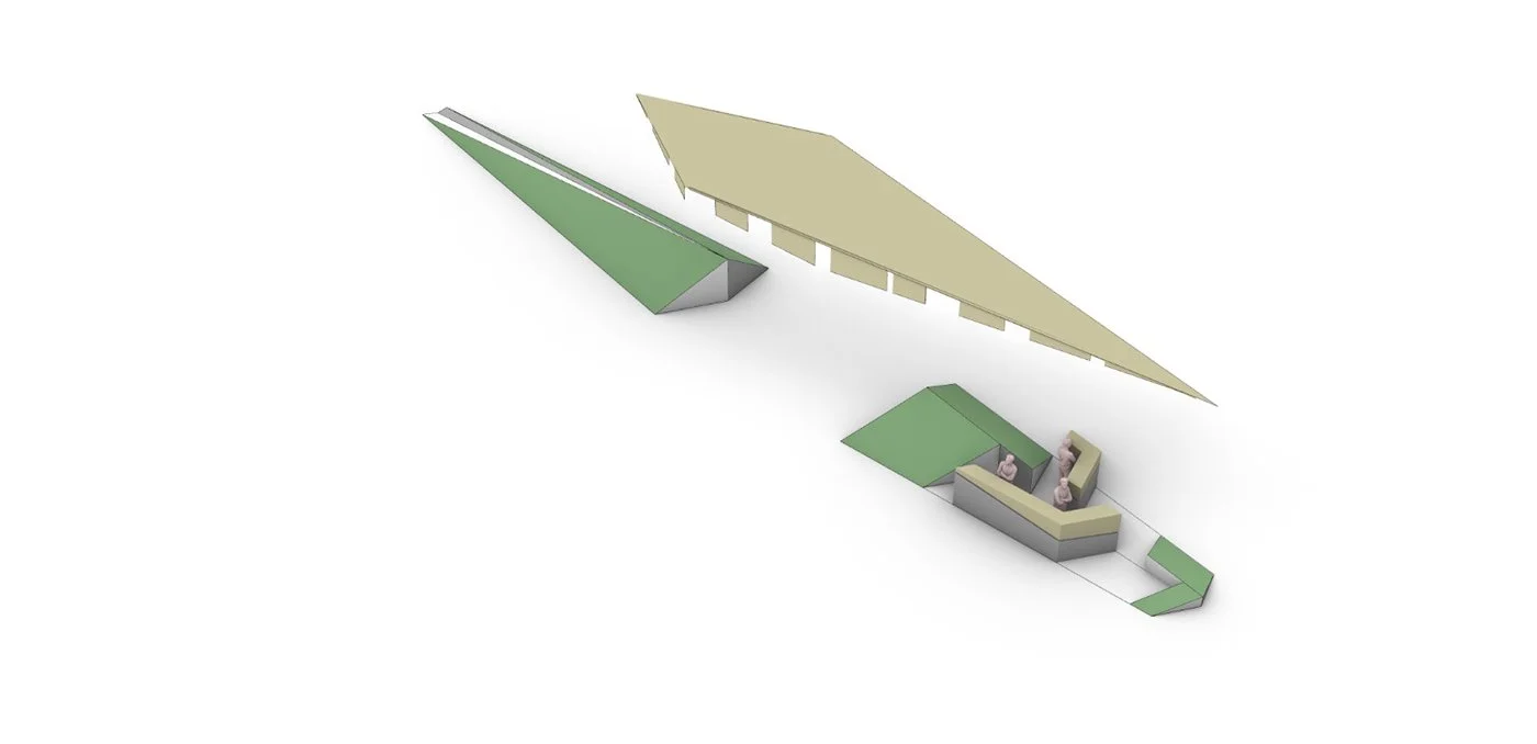 Architectural design of a modern outdoor space with multiple structures, including seating areas and shaded canopies in green and beige.