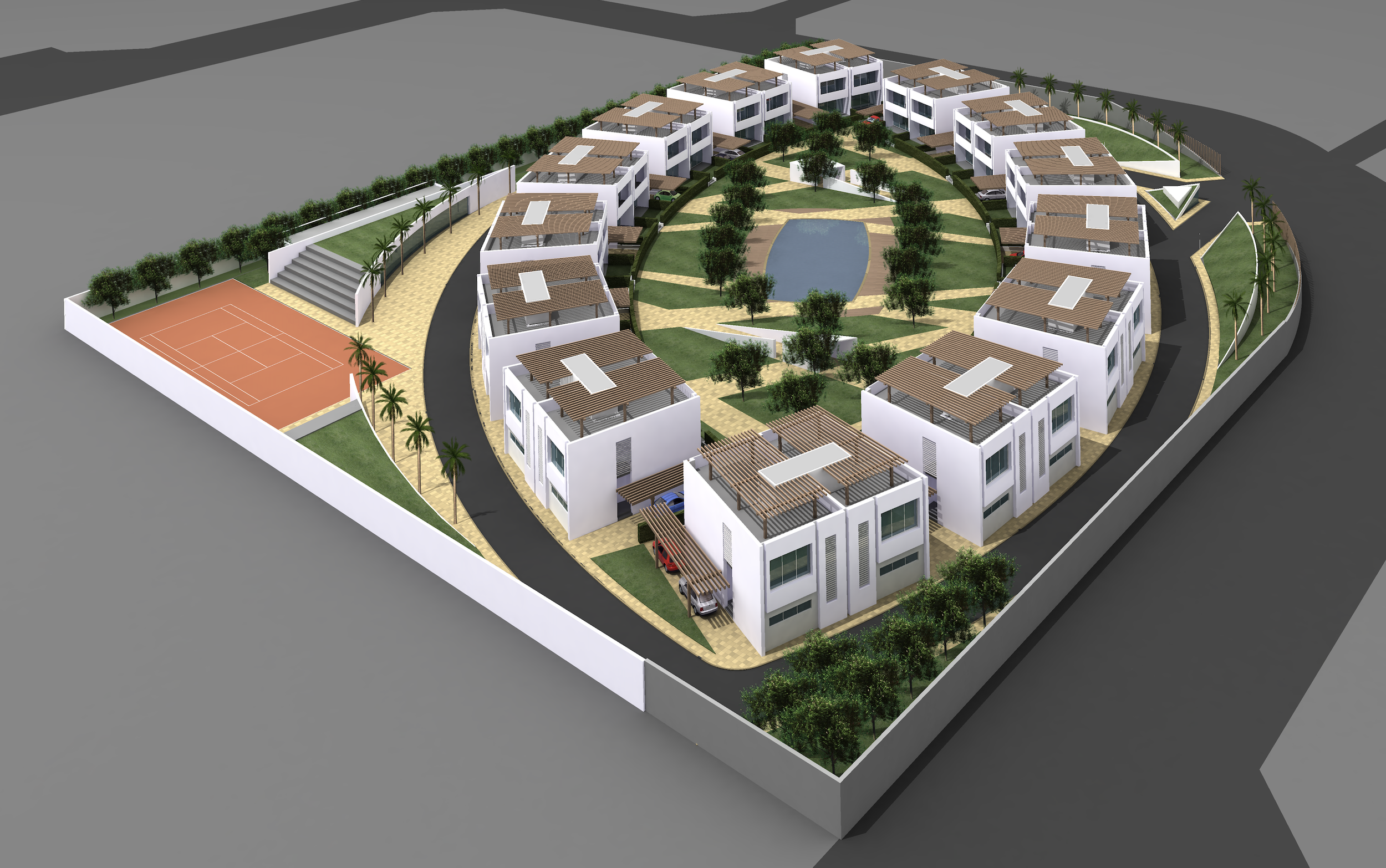 A 3D digital rendering of a modern apartment complex with white buildings, a central courtyard with trees and a pond, a tennis court, and surrounded by a white perimeter wall.