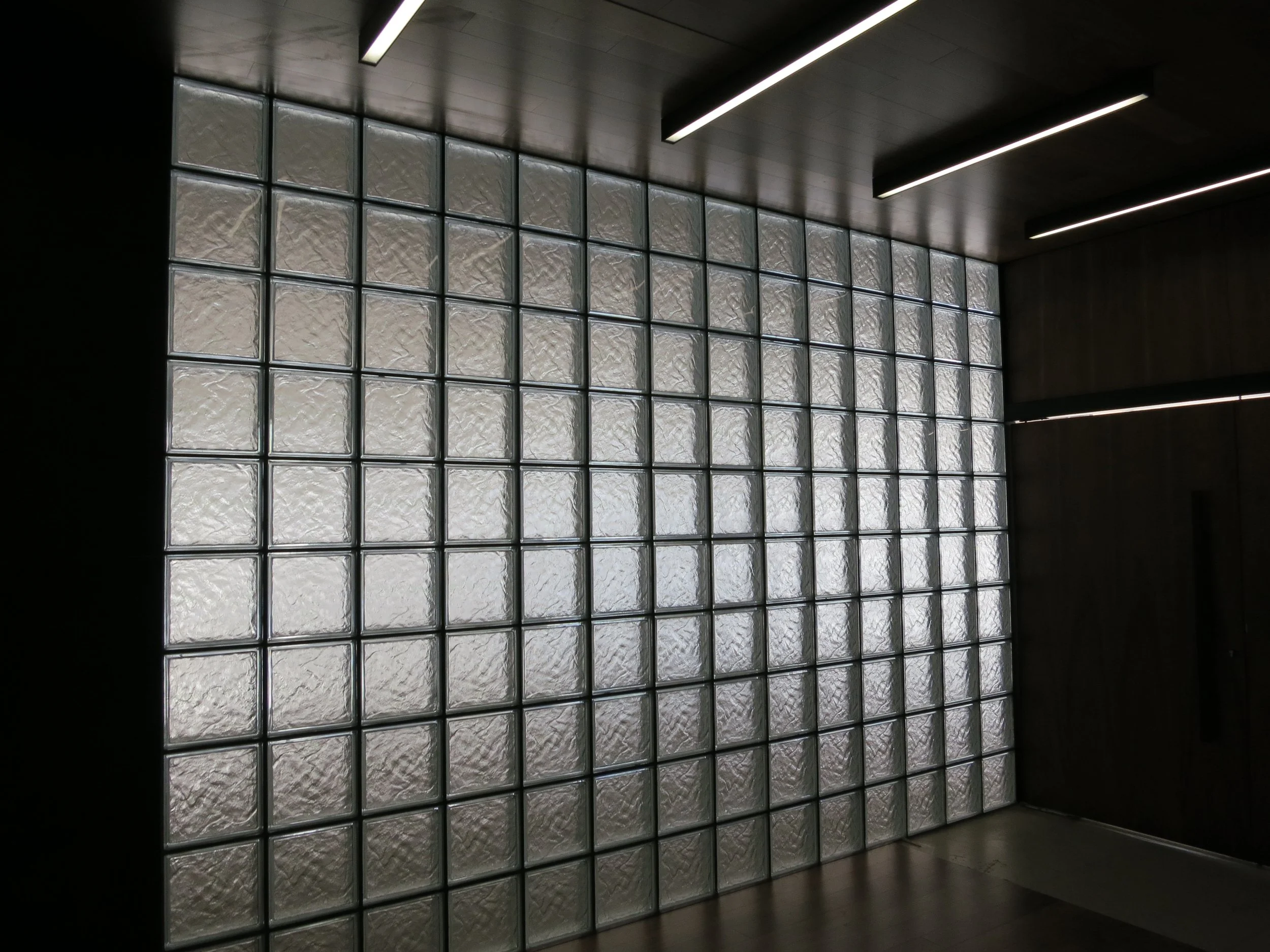 Interior of a modern building with a large wall of glass blocks and wooden paneling, with ceiling lights.