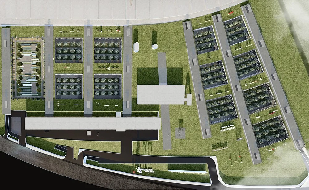 An aerial view of a modern urban park with pathways, green spaces, and rectangular garden plots filled with trees and plants.