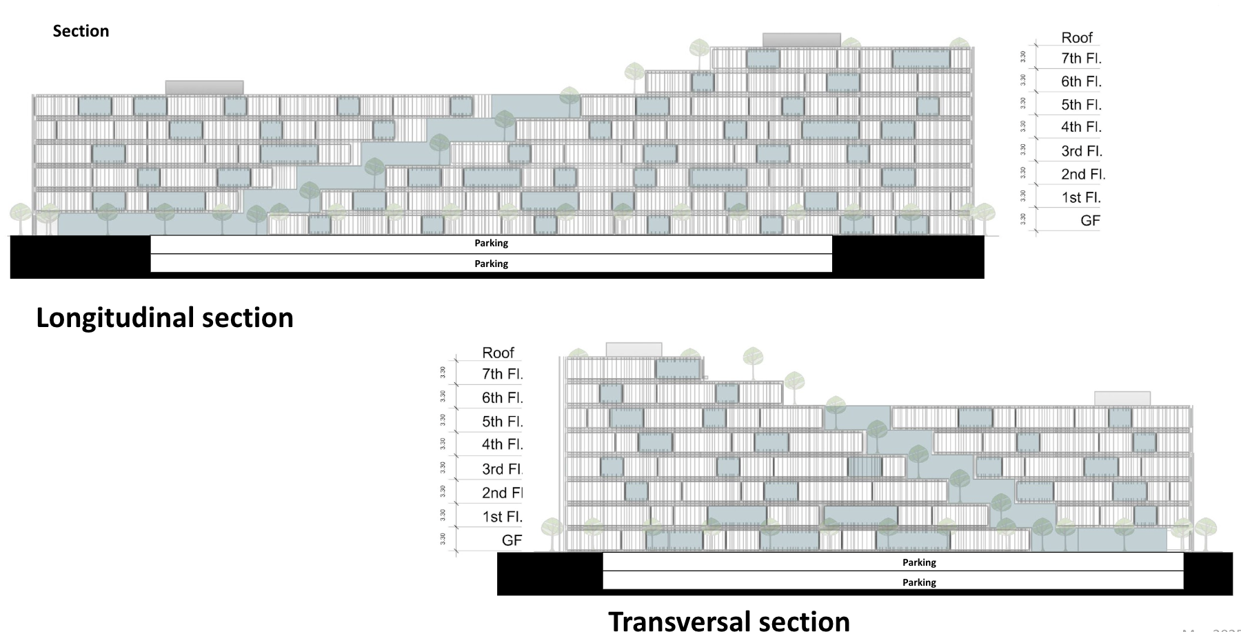 Architectural diagrams of a modern multi-story building showing sectional views, including a longitudinal and transversal section with labeled floors, roof, and parking areas, and green trees integrated into the design.