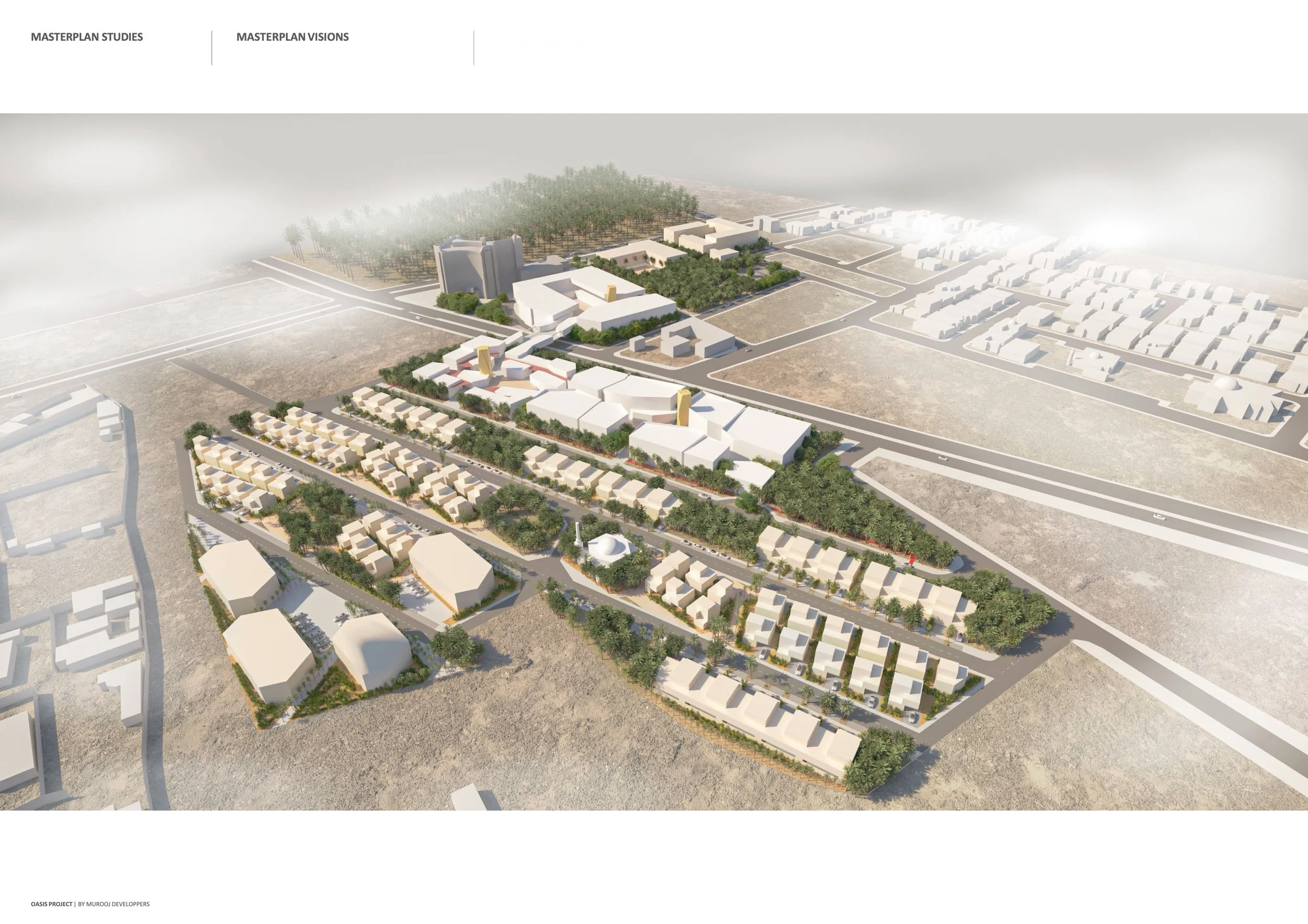 An architectural rendering of an urban development project showing buildings, roads, green spaces, and a large orchard or grove on the outskirts, with a foggy background.