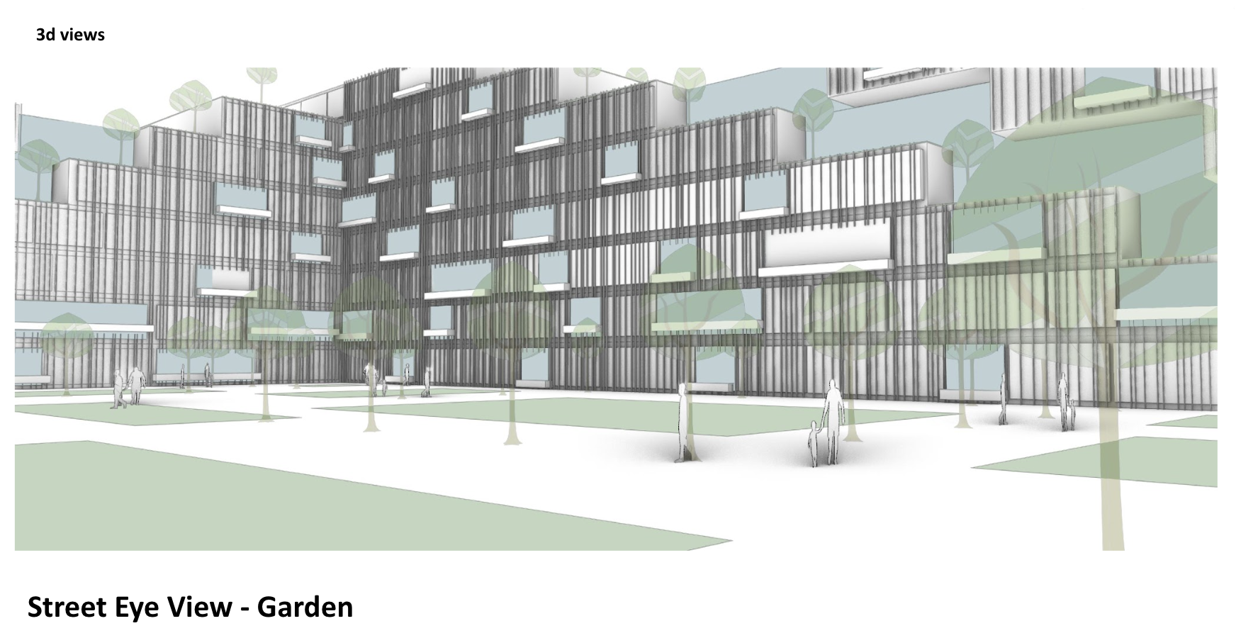 Architectural rendering of a modern building with multiple floors and large windows, surrounded by a landscaped park with trees and walking paths.