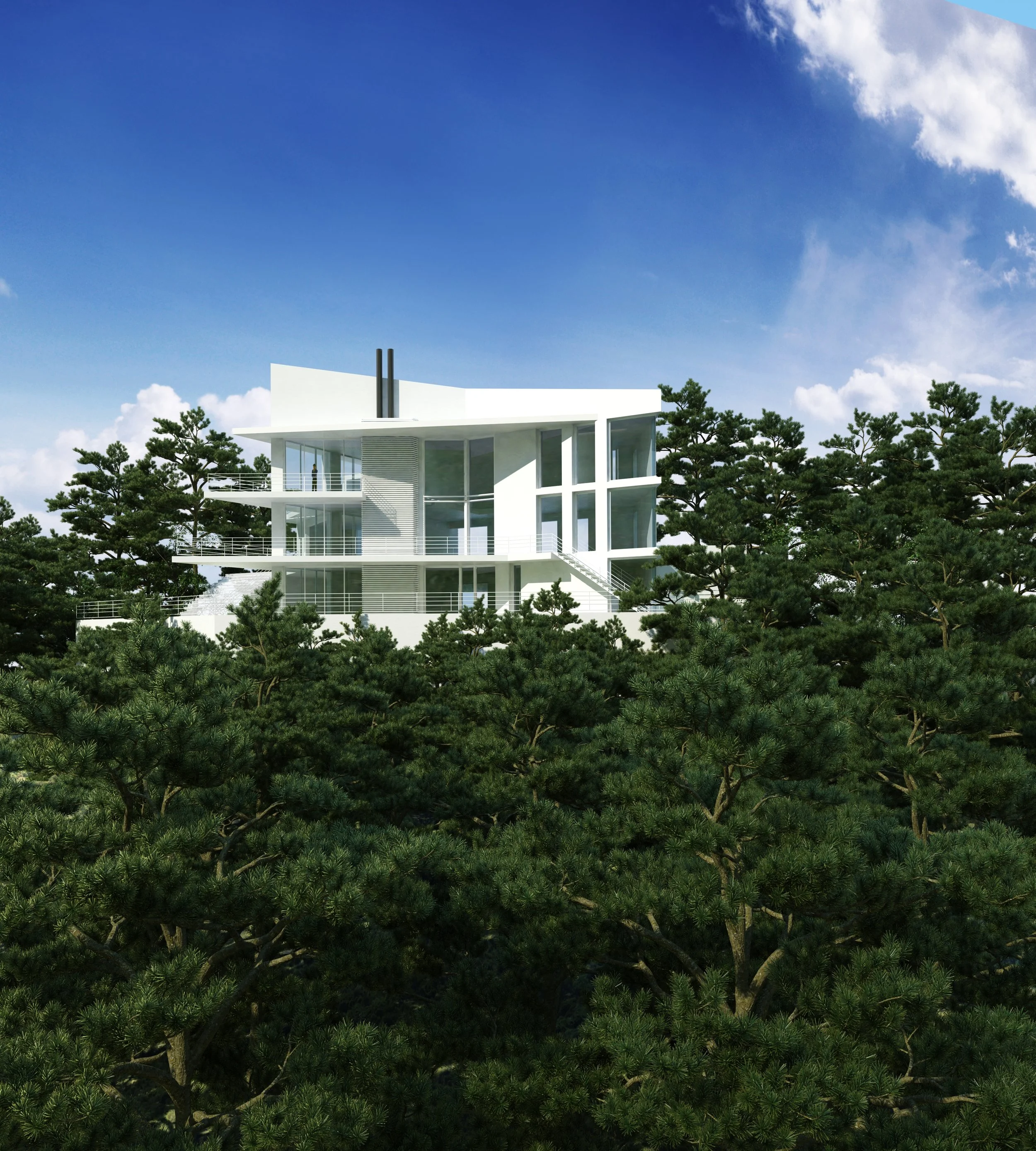 Modern white house with large glass windows, surrounded by evergreen trees, under a blue sky with some clouds.