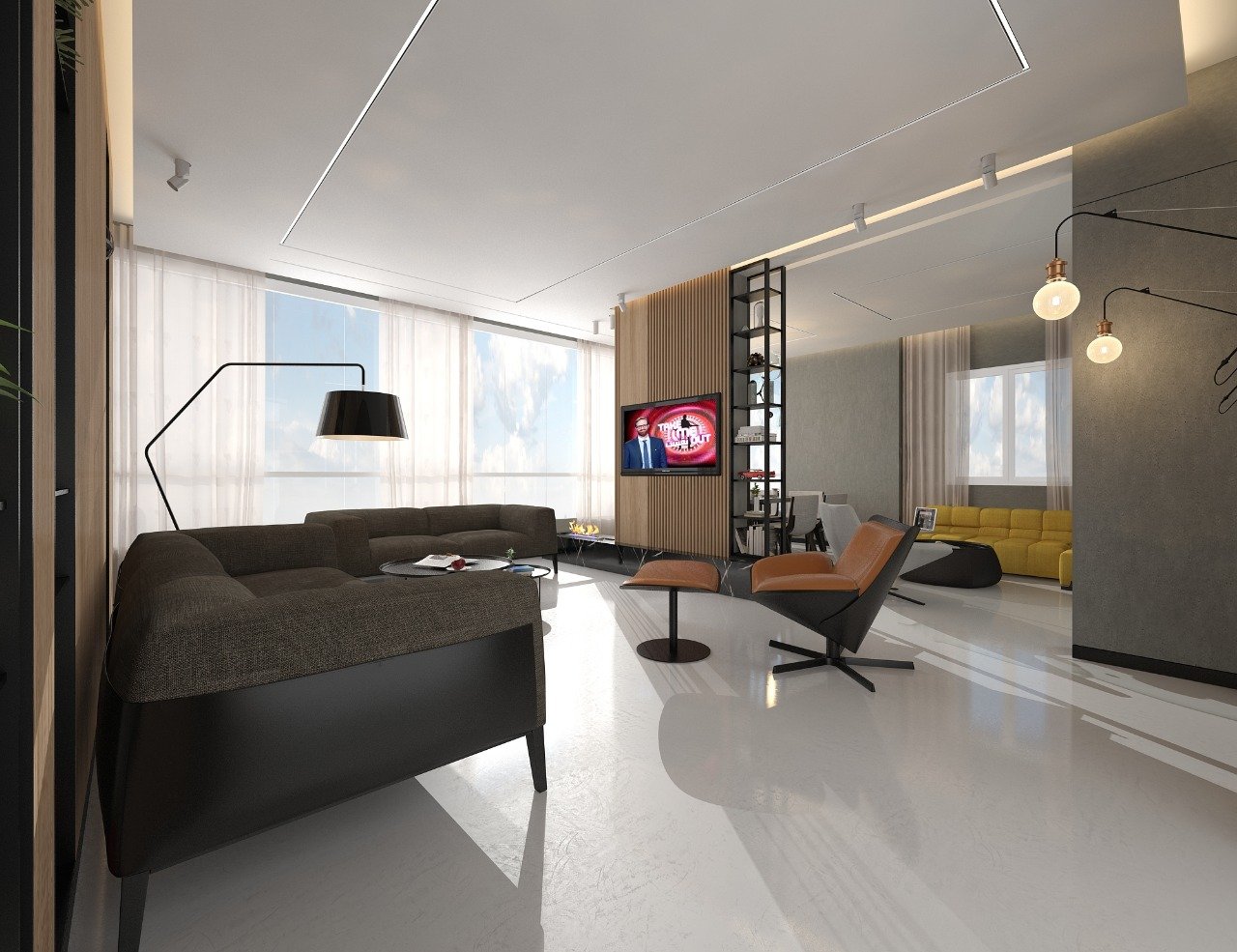 Modern living room with large windows, white curtains, and stylish furniture including a dark sofa, two lounge chairs, a yellow sofa in the background, and a TV mounted on a wooden slat feature wall.