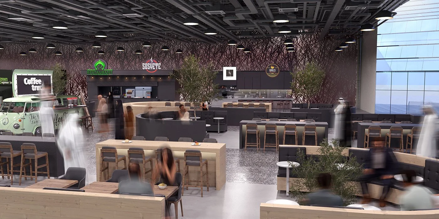 Modern airport lounge with seating areas, trees, and a coffee truck in the foreground. The background has a menu counter and signs for food and drink options.