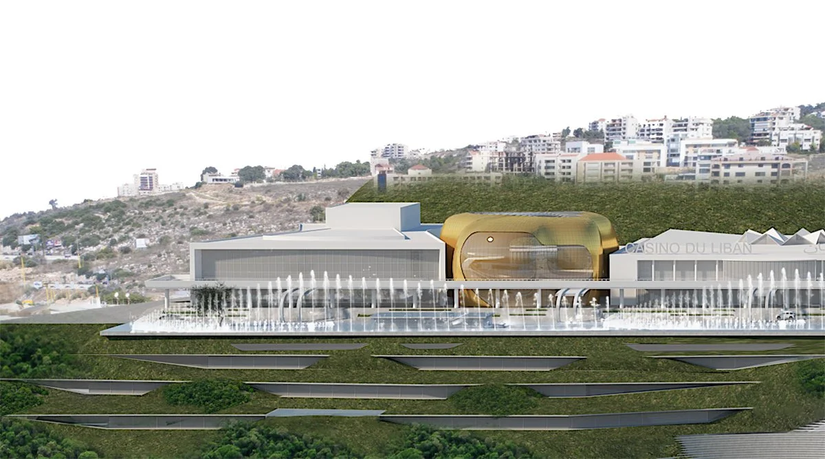 A futuristic building with a golden, capsule-like structure, large glass windows, and a surrounding fountain with water jets.