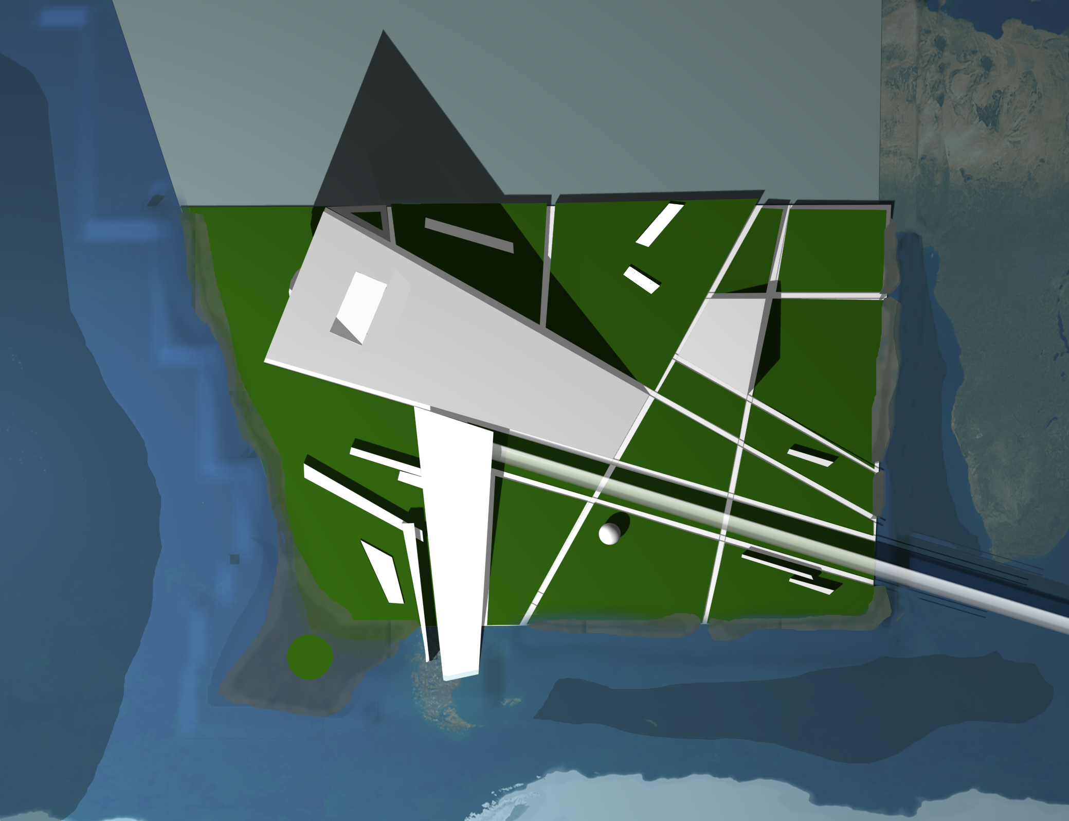 A digital illustration of a modern, abstract building with green and white panels, situated by water, with earth in the background.