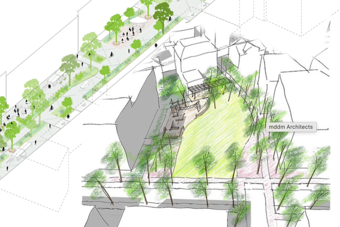A digital architectural drawing of an urban park with trees, pathways, and seating areas, including detailed landscaping and design features.
Beirut architecture