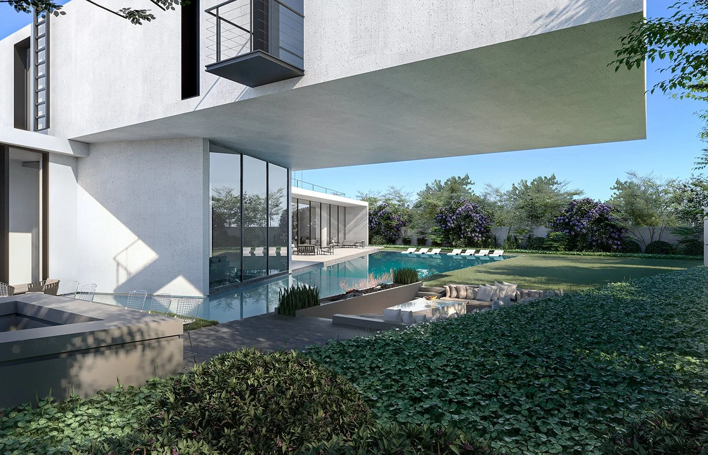Modern residential backyard with a swimming pool, outdoor seating, lounge chairs, and lush landscaping.