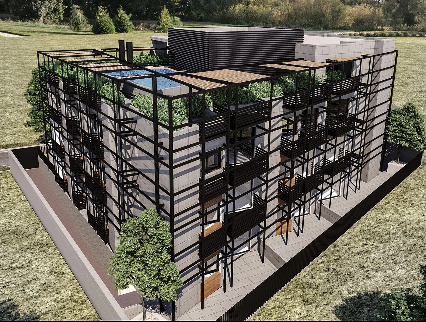 A modern multi-story building with an open steel framework, outdoor staircases, and rooftop greenery, surrounded by trees and a grassy yard.