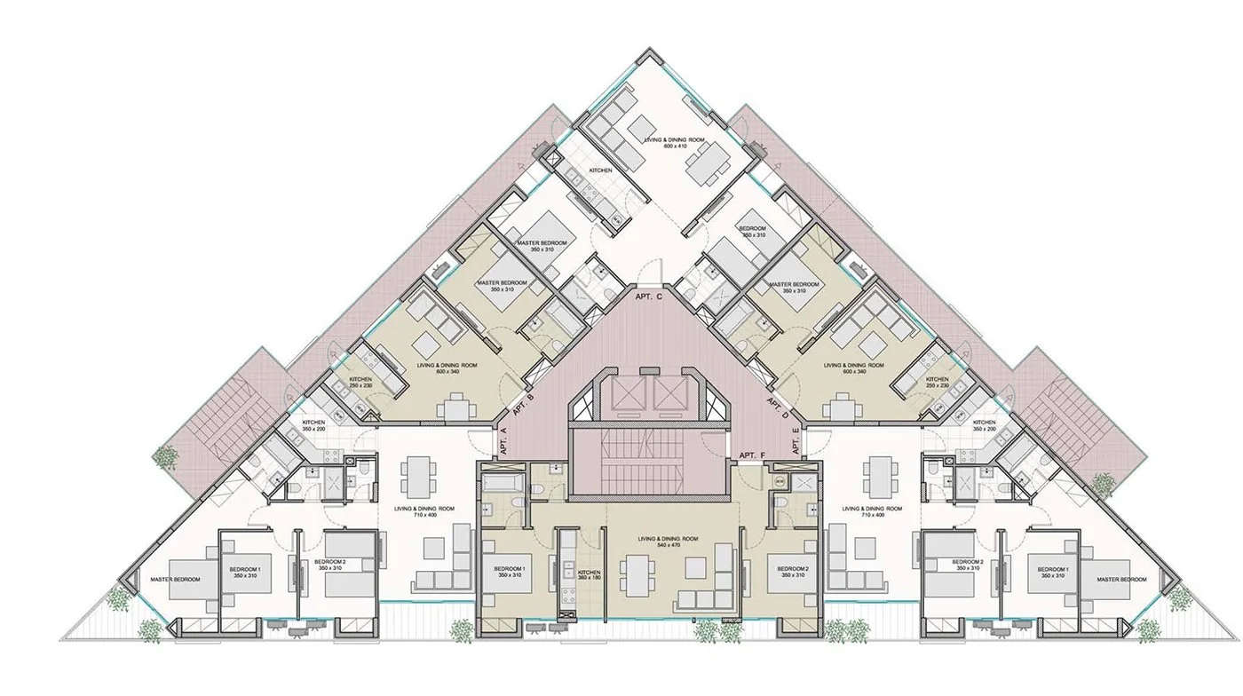 Floor plan of a multi-unit residential building with labeled apartments, bedrooms, kitchens, and living rooms.