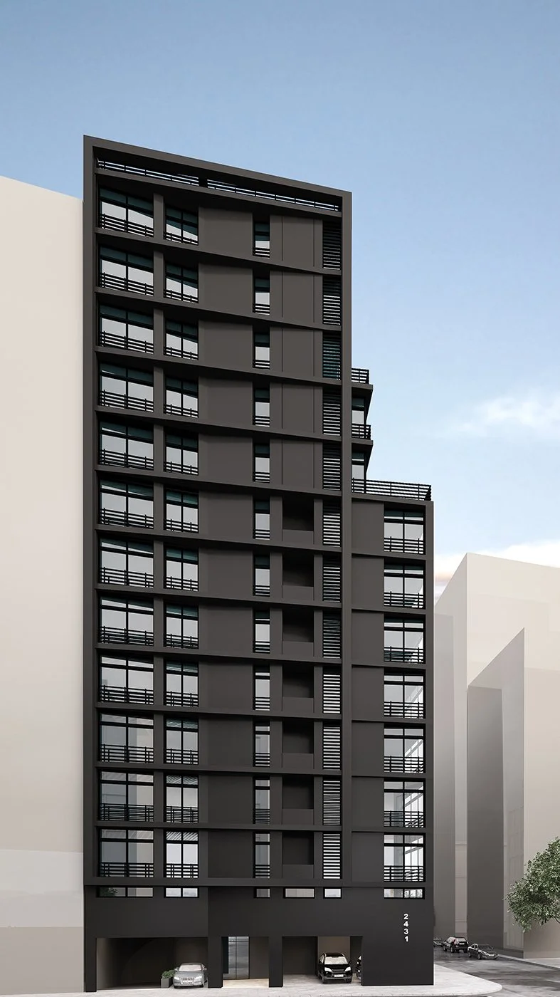 Modern black multi-story apartment building with large windows and balconies against a blue sky, positioned between two white buildings.