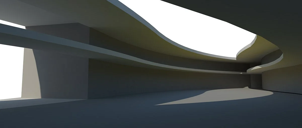 Interior view of a modern, abstract architectural structure with curved, layered concrete forms and a large oval opening on the ceiling.