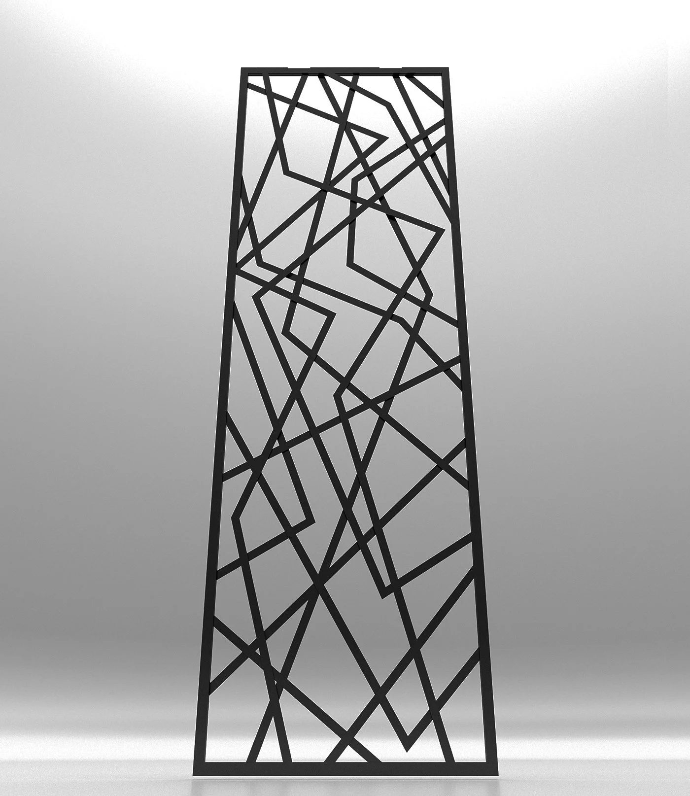 Black metal sculpture with abstract geometric pattern against a gray background.