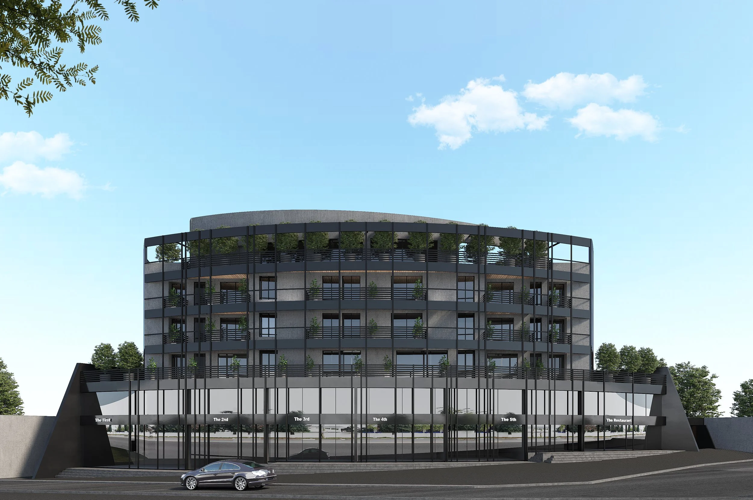 A modern multi-story building with a curved facade, glass balconies with greenery, and labeled sections on the ground level, with a parked silver car in front and a blue sky with scattered clouds overhead.