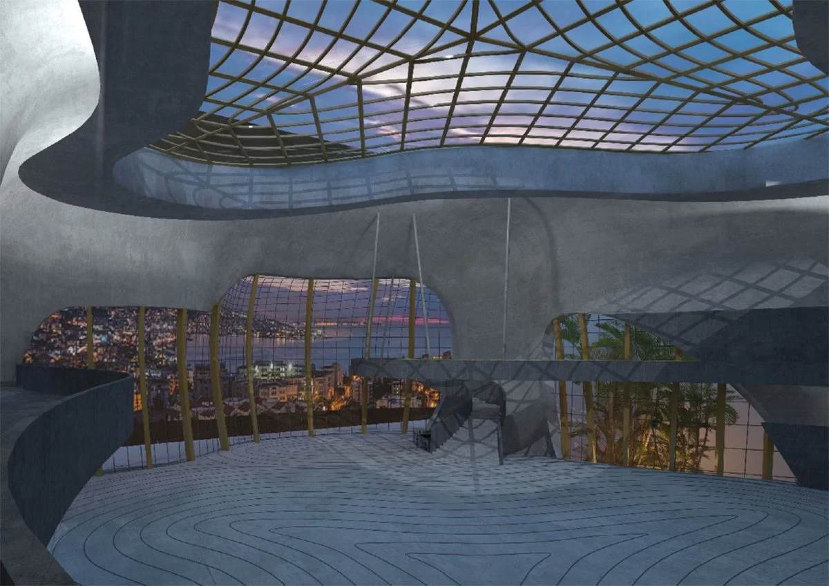 Modern architectural interior with curved concrete walls, large glass windows showing cityscape at sunset, and a grid-patterned ceiling with skylight.