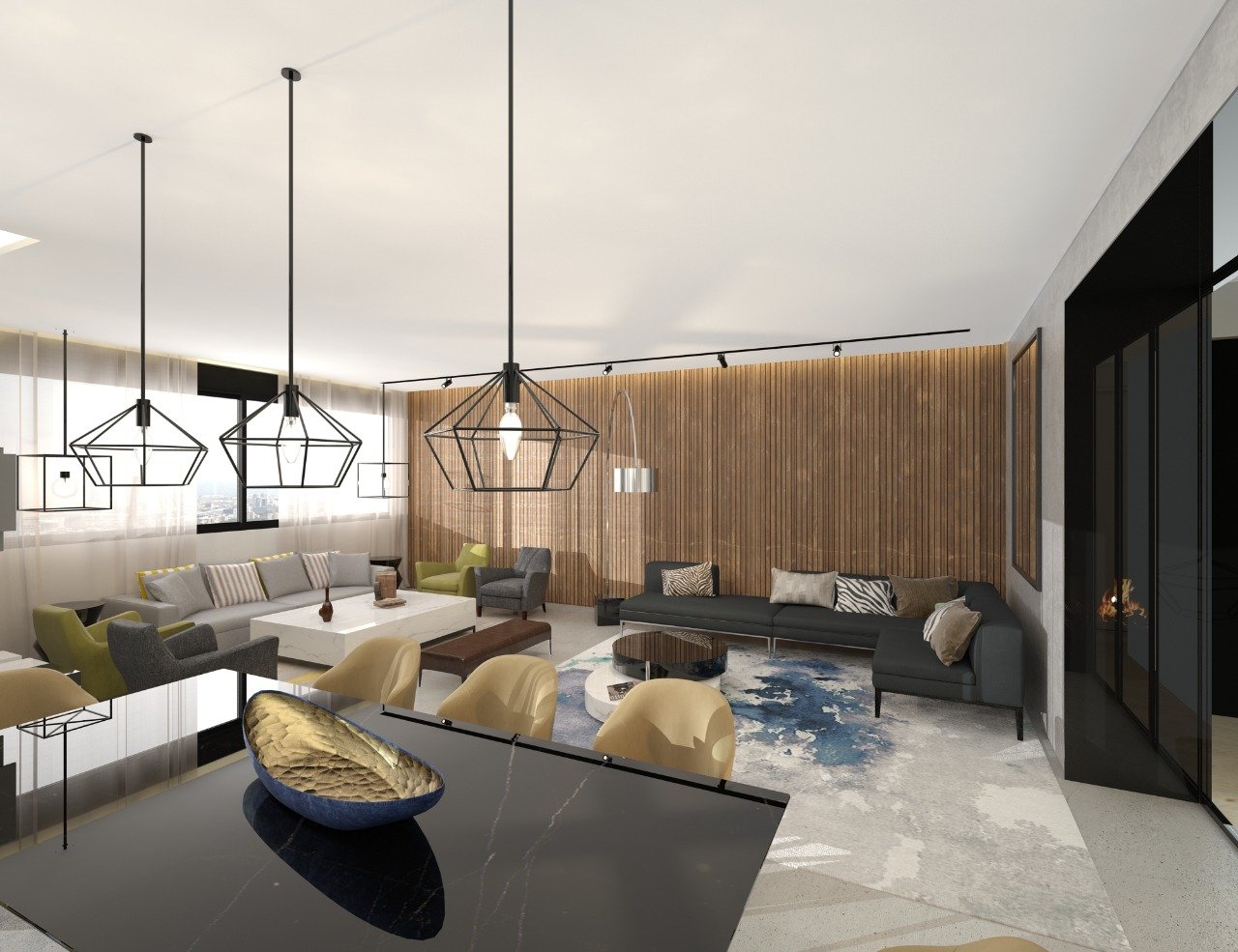 Modern living room with black, gray, yellow, and wooden accents, large windows, and geometric pendant lighting.
