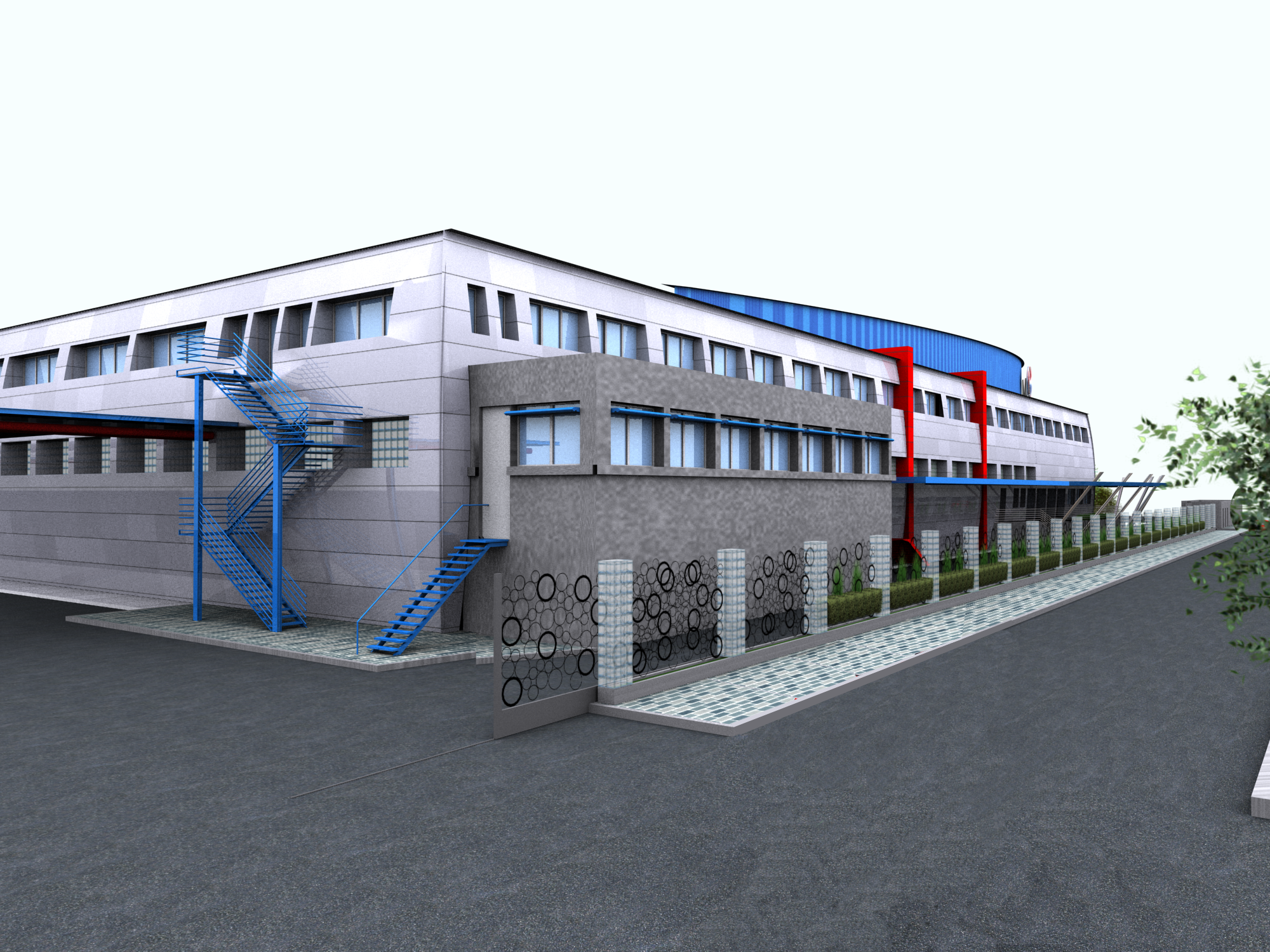 A modern multi-story building with white and gray exterior, blue accents, and large windows. Exterior fire escape stairs are painted blue, and there is a fencing wall with circular patterns and a sidewalk with a row of decorative bushes and a small t