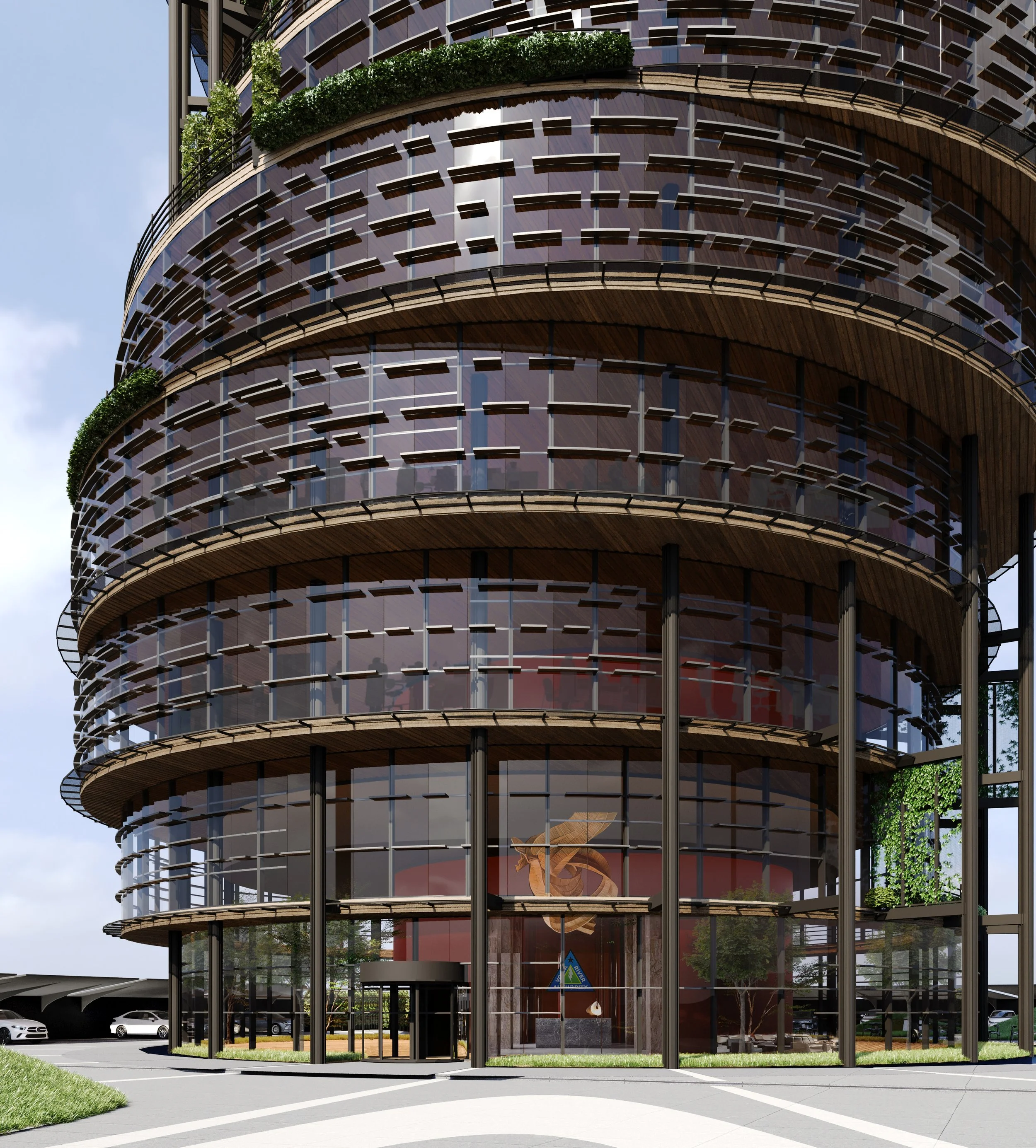 Modern, multi-story building with a curved glass facade, horizontal sunshades, and wooden accents. A landscaped area with trees and a parking lot with cars is visible outside.