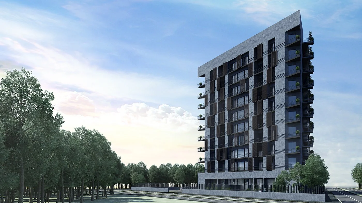 Modern multi-story apartment building with balconies, surrounded by trees under a partly cloudy sky.
