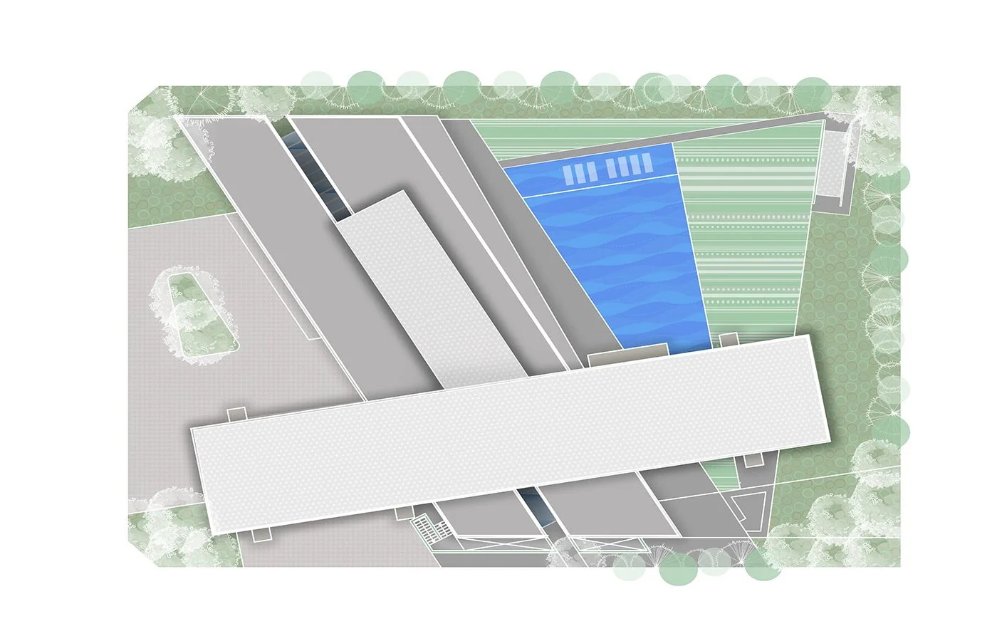 An architectural site plan showing a building with surrounding landscape, a swimming pool, and green athletic fields.