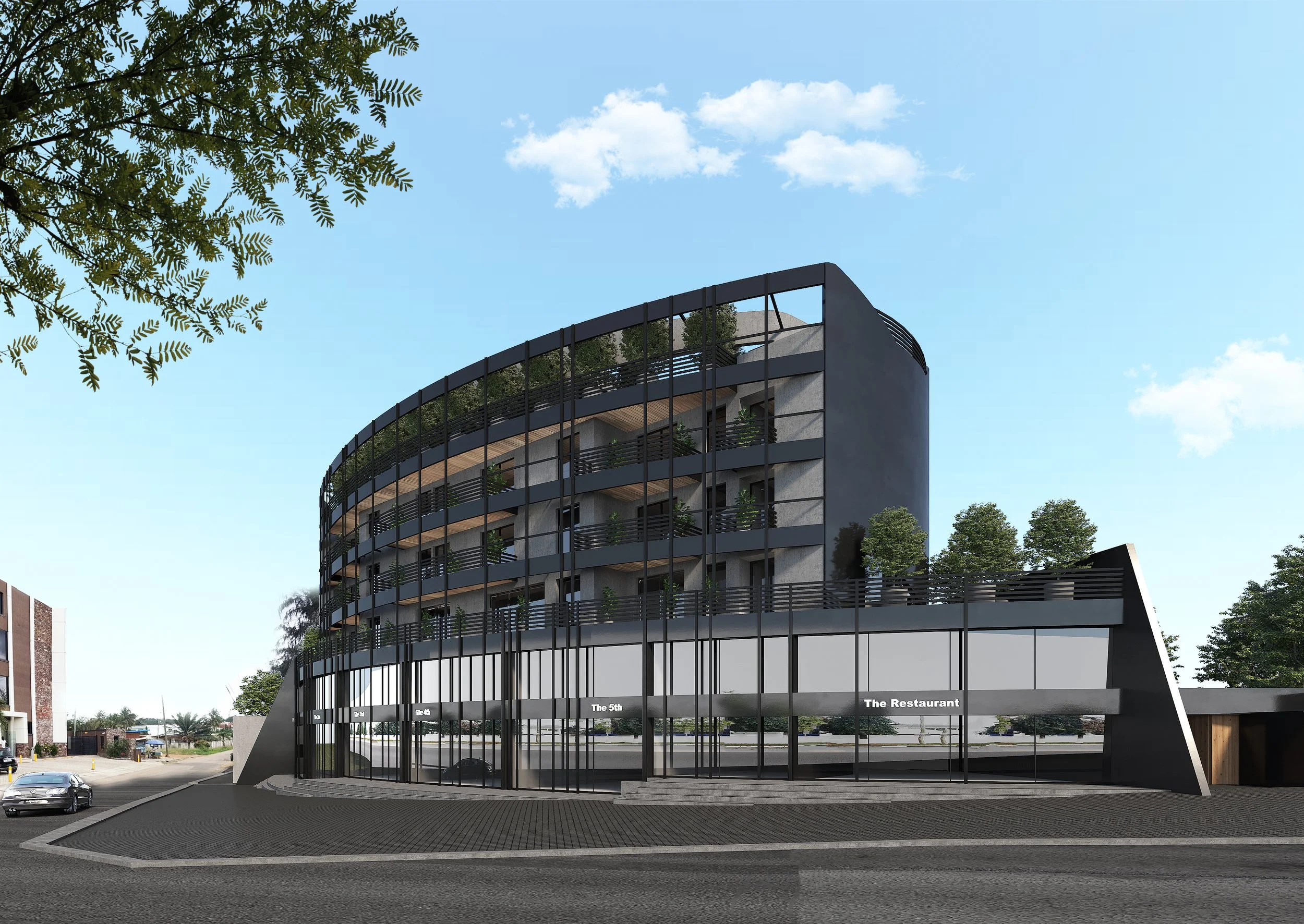 A modern multi-story building with glass exterior, trees on the balconies, and signs indicating spaces for a restaurant and a retail store, situated under a blue sky with some clouds.