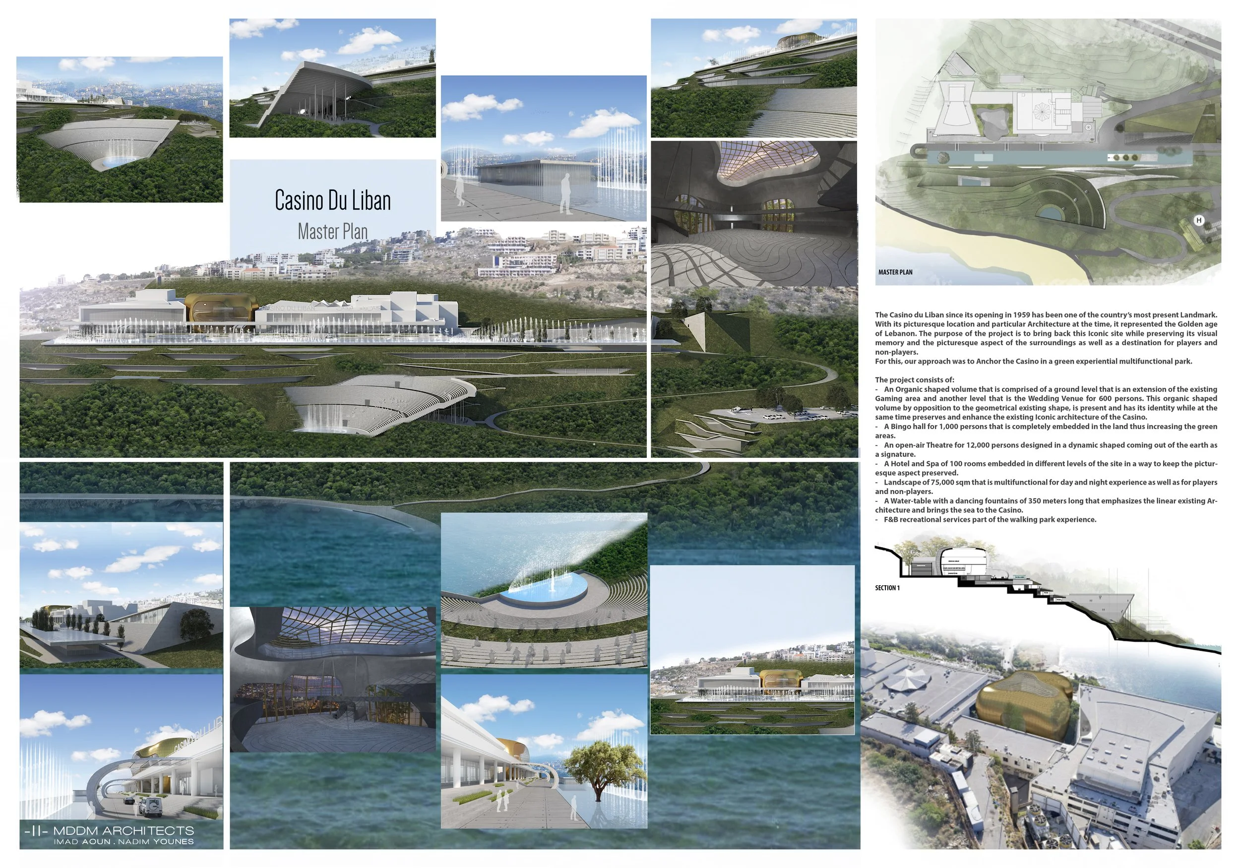 Design master plan for Casino Du Liban featuring multiple architectural renderings, landscape elements, and site layout, emphasizing modern, organic structures with water features, green spaces, and entertainment areas.