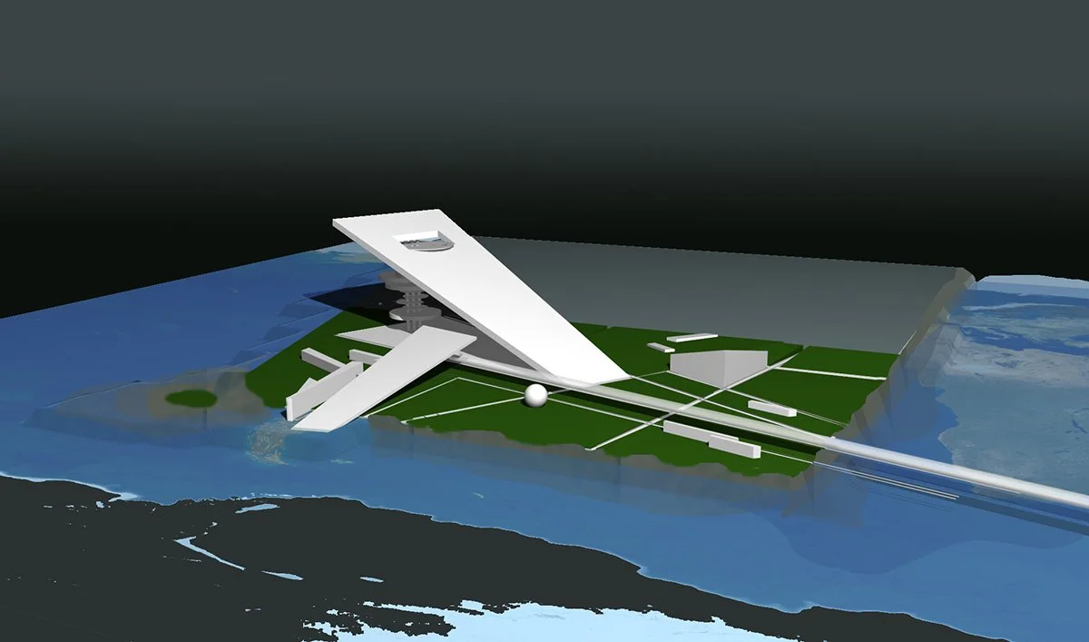 A digital architectural model of a building with modern design, featuring large white structures, on a green landscape surrounded by water.