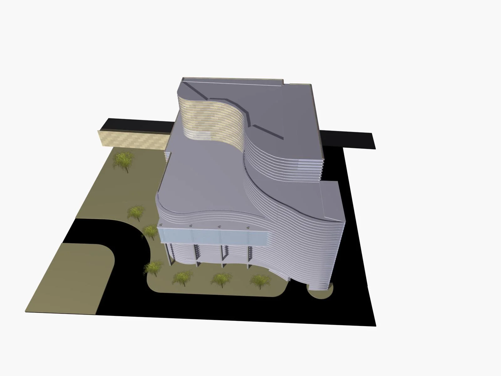 A digital architectural rendering of a modern multi-story building surrounded by landscaping with trees, pathways, and a parking area.