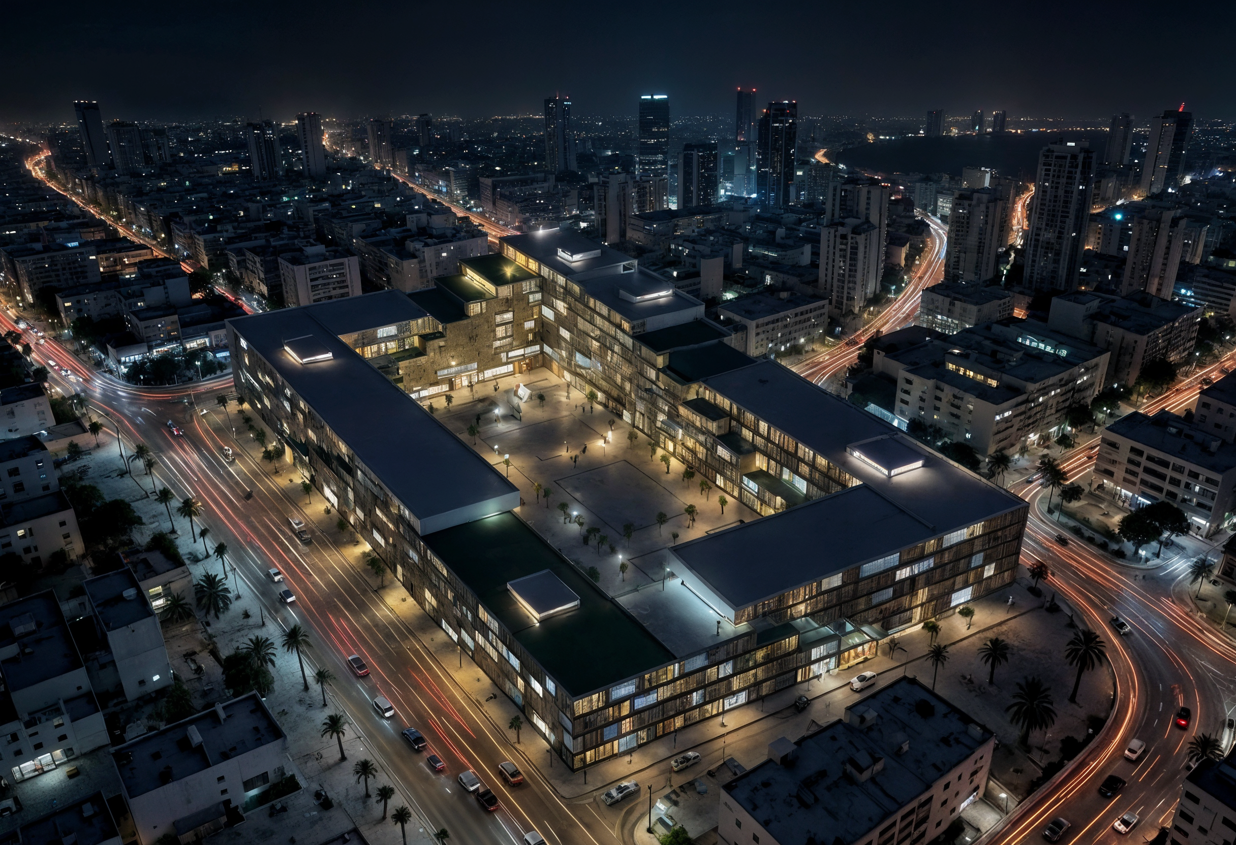 Nighttime cityscape of a modern urban area with high-rise buildings, illuminated streets, and a downtown area with a large, uniquely shaped building in the foreground. Beirut architecture