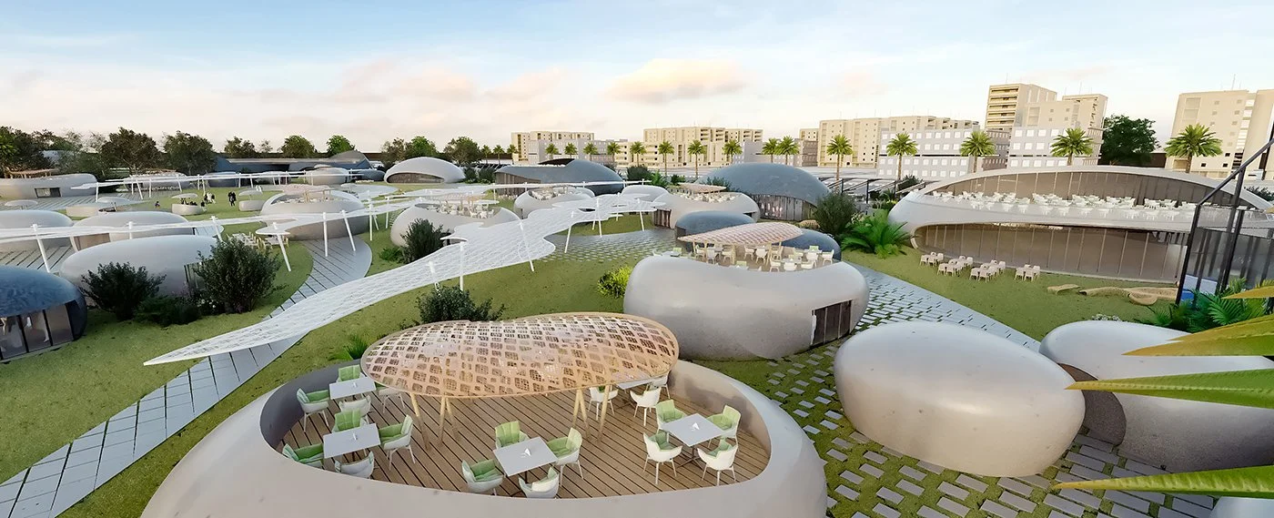 Futuristic outdoor park or plaza with white and gray rounded structures, green plants, palm trees, and lounge areas, with modern buildings in the background.