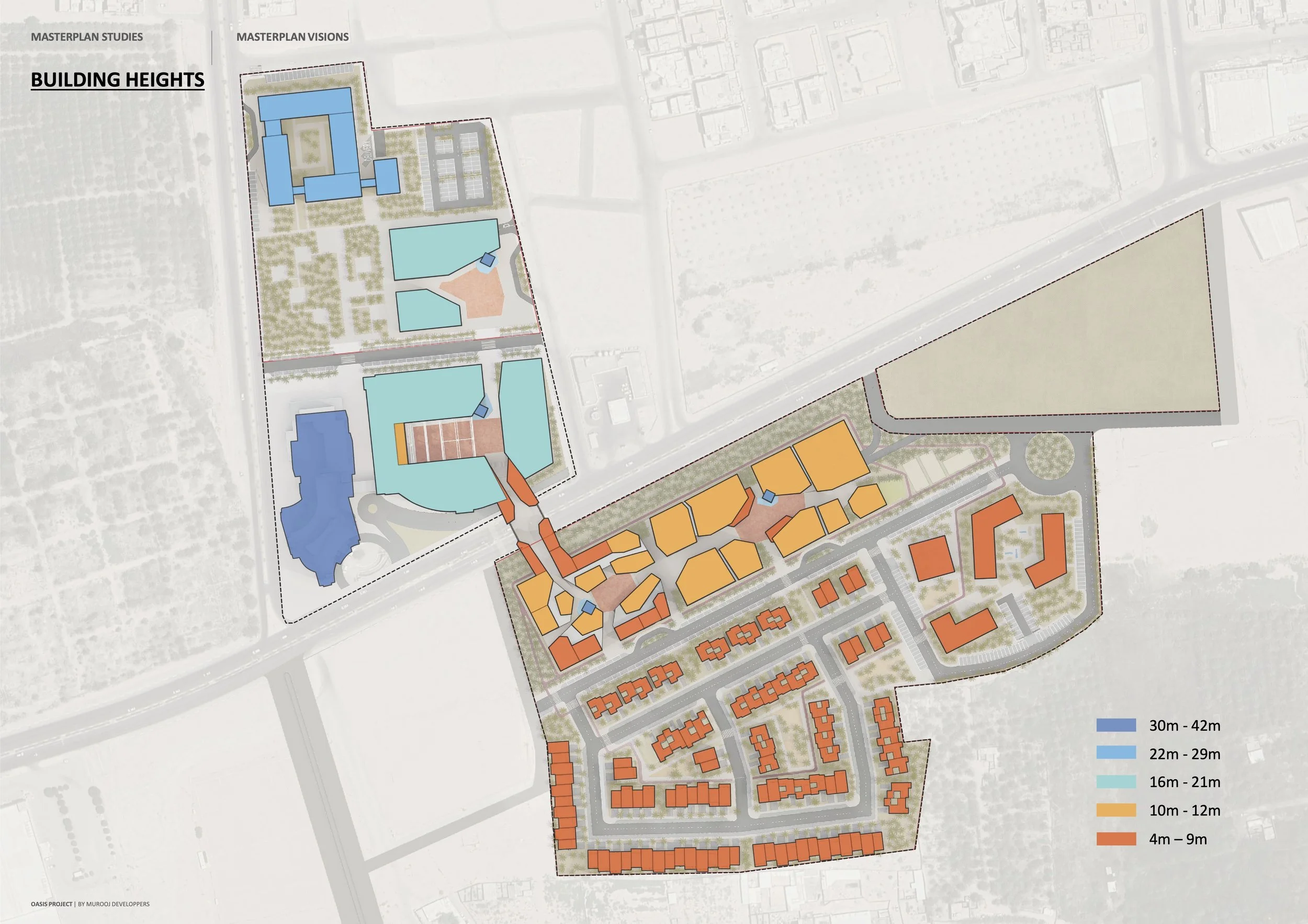 A color-coded site plan showing building heights with legend, landscaped areas, and surrounding streets, part of a master plan titled 'OASIS PROJECT' by Murooj Developers.