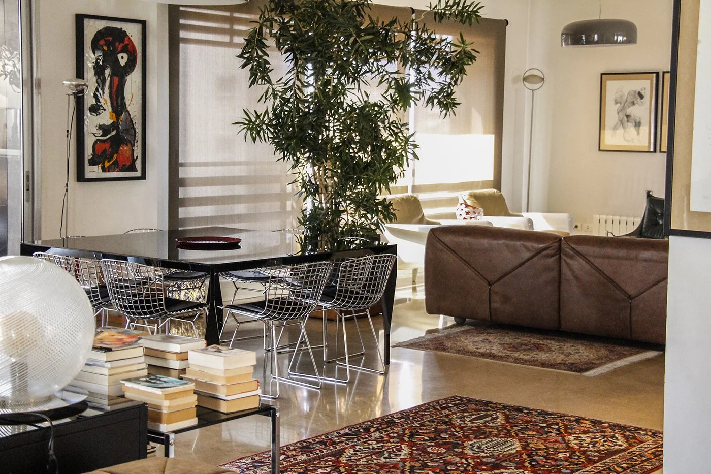 Modern living and dining room with a large green plant, black dining table, wire chairs, and a brown leather sofa. Artwork on the walls, books on a side table, and a Persian rug.