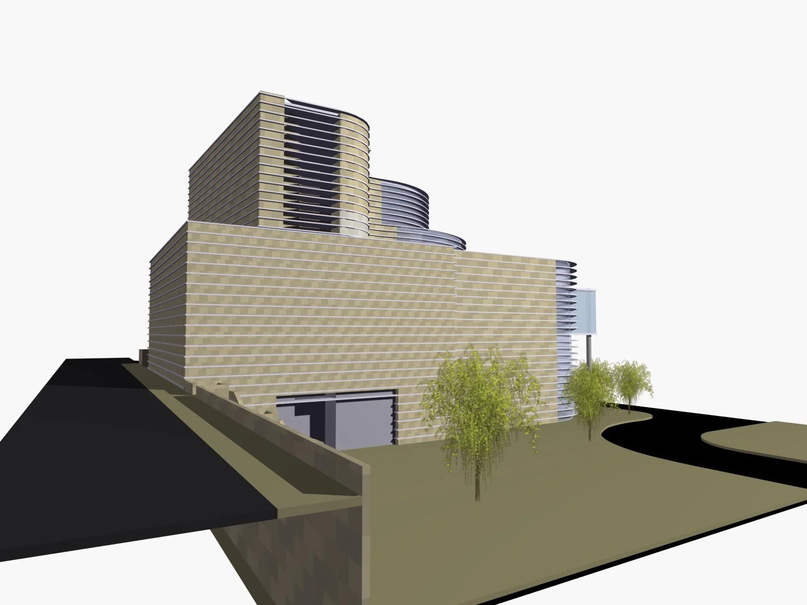 A 3D rendering of a modern multi-story building with a tiered design, beige brick exterior, and curved black balconies, surrounded by a small landscaped area with trees and a driveway.