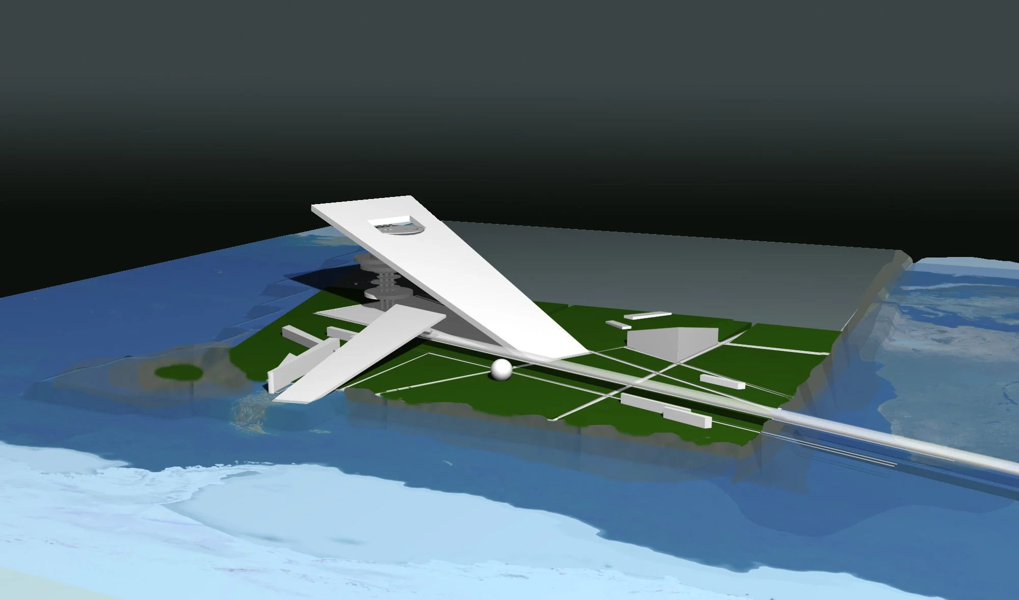A digital architectural model of a modern building complex surrounded by water, with green landscaping and geometric pathways.