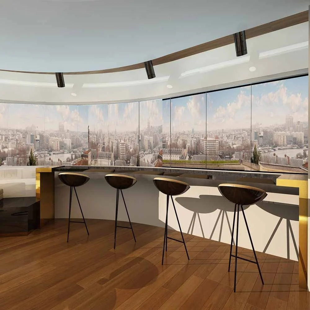 Modern interior with a curved bar counter, four black bar stools, and panoramic city view through large windows, with hardwood floors and ceiling lights.