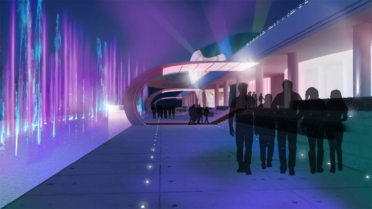 An architectural rendering of a futuristic building with colorful neon lighting, a water feature with fountains, and silhouettes of people walking on a pathway.