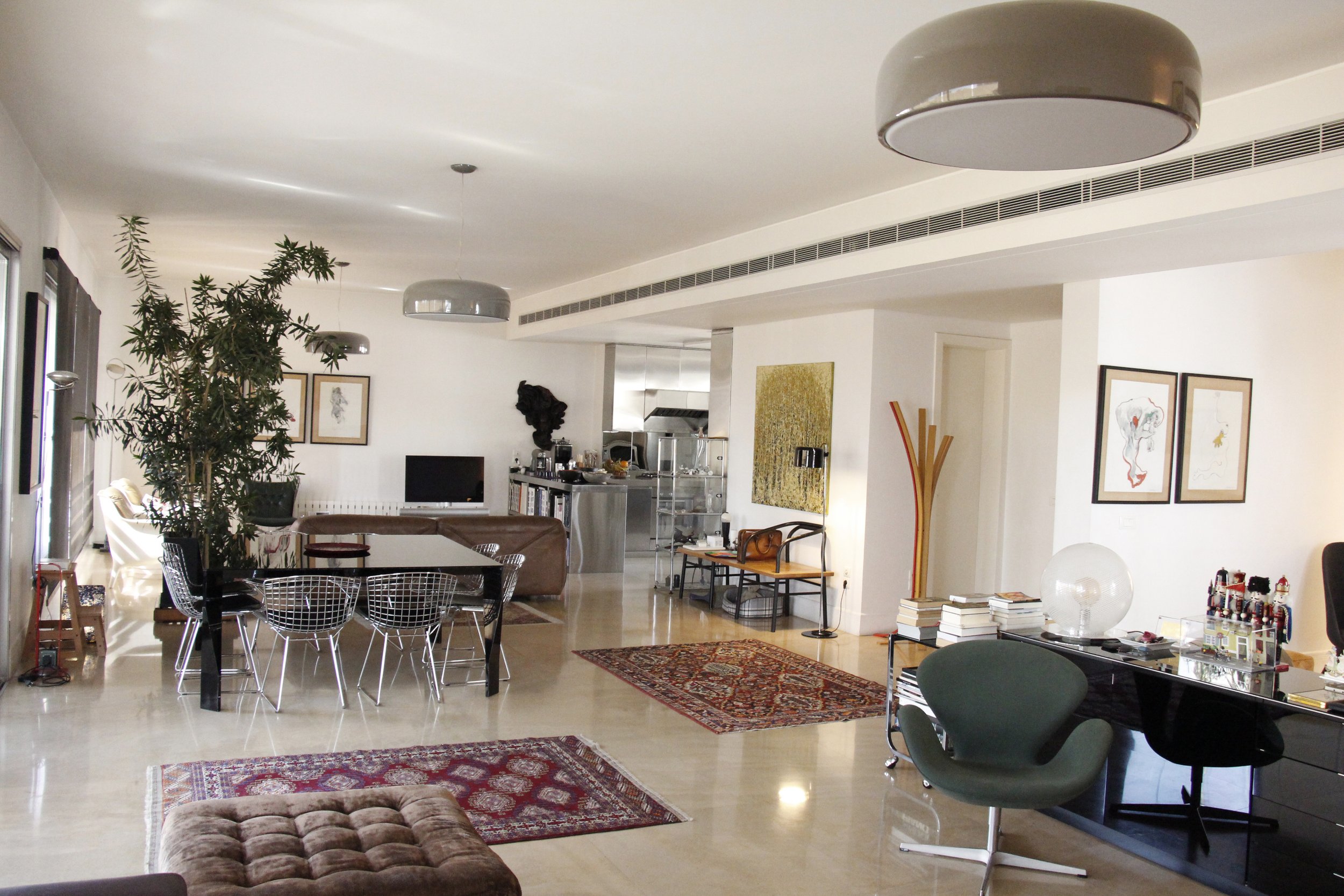 Spacious modern living room with dining area, artwork, a large indoor plant, and a view into the kitchen.