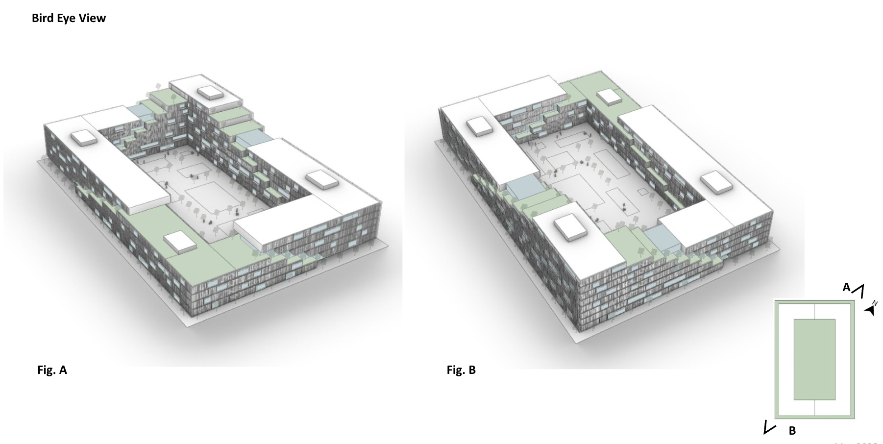 A 3D architectural rendering showing two perspectives of a courtyard-style apartment complex with surrounding buildings, green rooftop areas, and central open space with trees and pathways. The image includes labels Fig. A and Fig. B, with a site pla