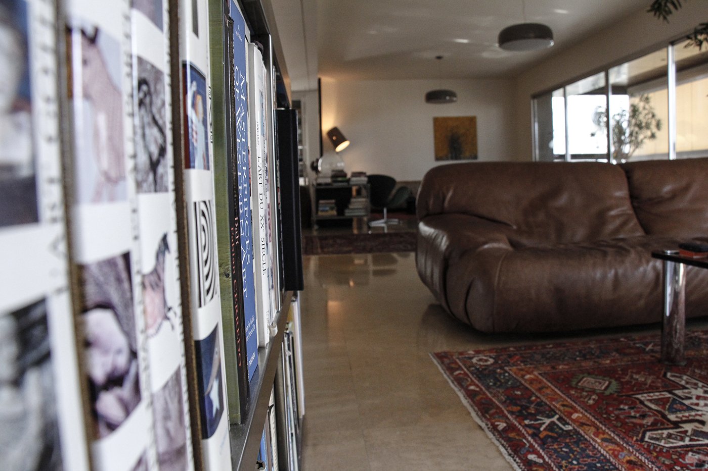 Side view of a living room with a bookshelf in the foreground, a brown leather sofa, a patterned rug, large windows, a painting on the wall, and a table with stacked books in the background.