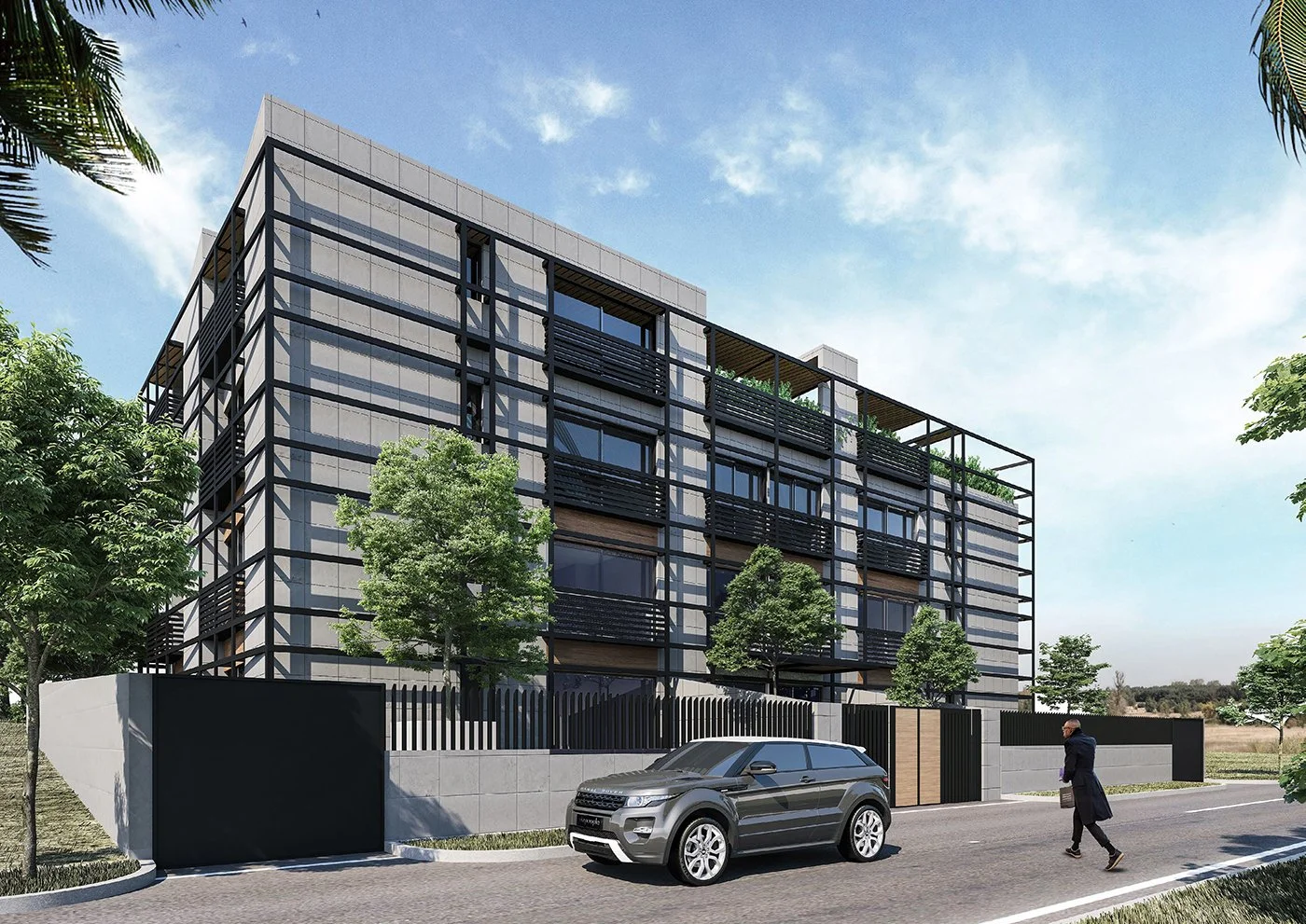 Modern multi-story apartment building with glass windows and black metal framing, surrounded by trees, with a person walking and a parked SUV in front.