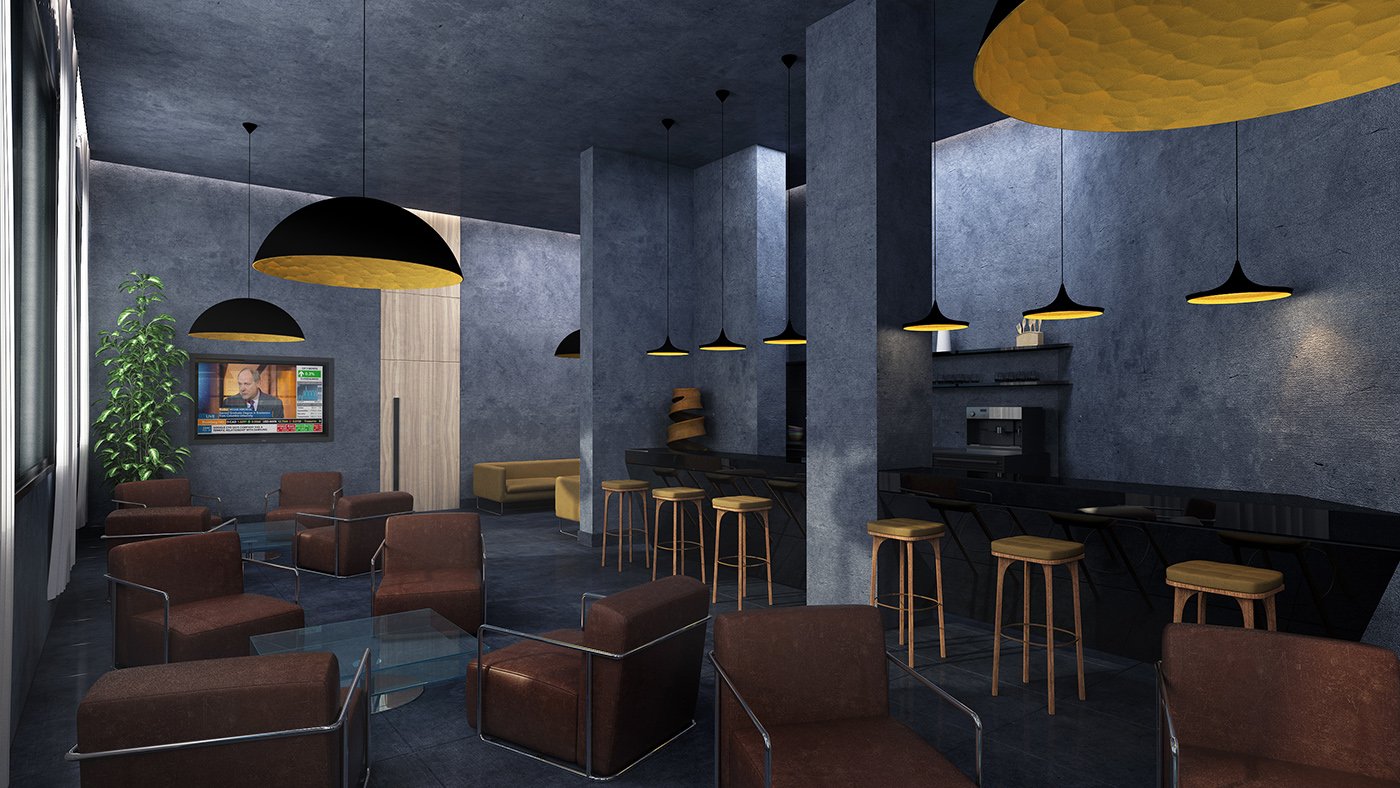 Modern lounge area with brown armchairs, glass coffee table, yellow sofa, bar with stools, wall-mounted TV, and pendant lights.